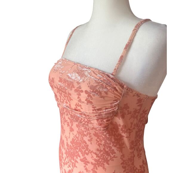 Peach Midi Stretch Slip Dress Women's Size XL Burnout Velvet , Ruched Bust, 43”L - Picture 2 of 6